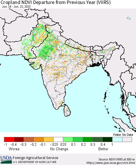 Southern Asia Cropland NDVI Departure from Previous Year (VIIRS) Thematic Map For 6/21/2023 - 6/30/2023