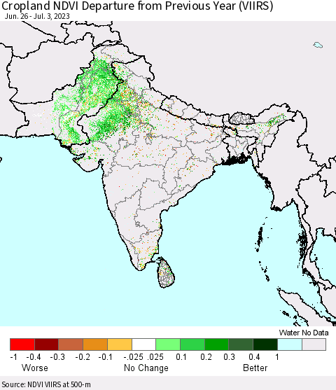 Southern Asia Cropland NDVI Departure from Previous Year (VIIRS) Thematic Map For 6/26/2023 - 7/3/2023