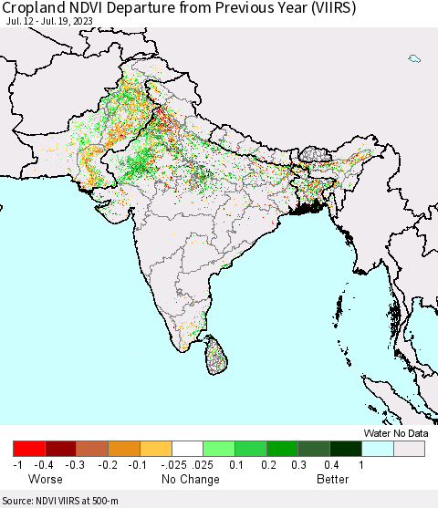 Southern Asia Cropland NDVI Departure from Previous Year (VIIRS) Thematic Map For 7/12/2023 - 7/19/2023