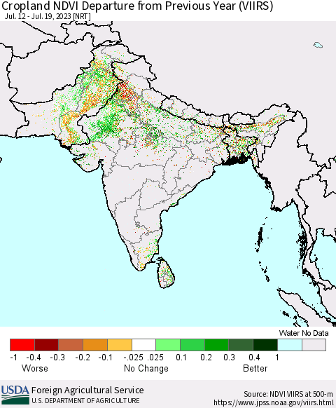 Southern Asia Cropland NDVI Departure from Previous Year (VIIRS) Thematic Map For 7/11/2023 - 7/20/2023