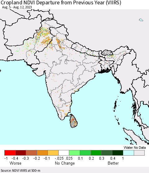 Southern Asia Cropland NDVI Departure from Previous Year (VIIRS) Thematic Map For 8/5/2023 - 8/12/2023