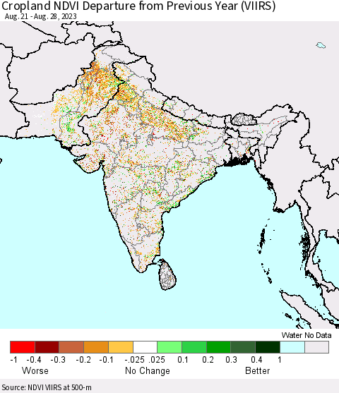 Southern Asia Cropland NDVI Departure from Previous Year (VIIRS) Thematic Map For 8/21/2023 - 8/28/2023