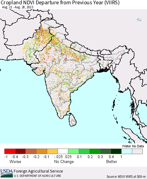 Southern Asia Cropland NDVI Departure from Previous Year (VIIRS) Thematic Map For 8/21/2023 - 8/31/2023