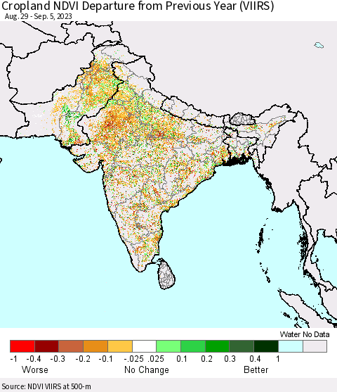Southern Asia Cropland NDVI Departure from Previous Year (VIIRS) Thematic Map For 8/29/2023 - 9/5/2023