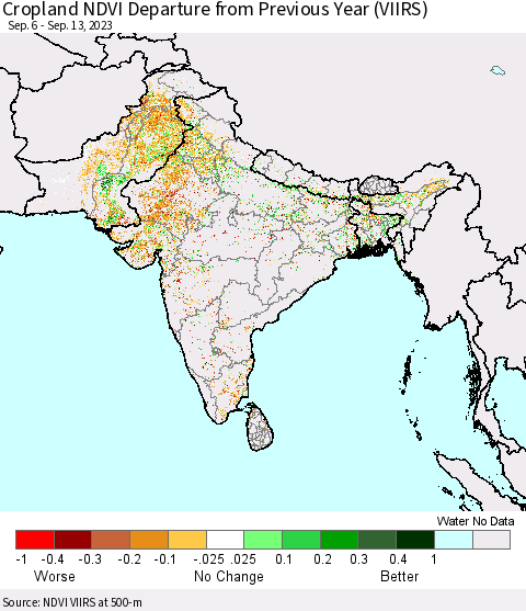 Southern Asia Cropland NDVI Departure from Previous Year (VIIRS) Thematic Map For 9/6/2023 - 9/13/2023