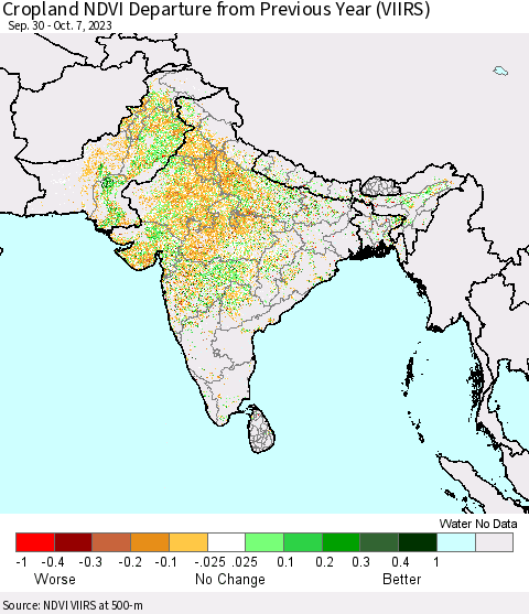 Southern Asia Cropland NDVI Departure from Previous Year (VIIRS) Thematic Map For 9/30/2023 - 10/7/2023