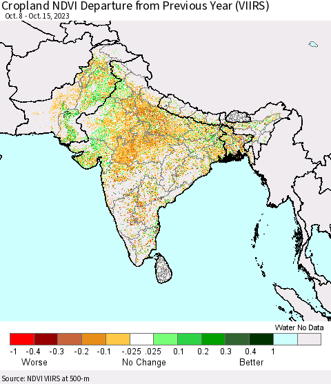 Southern Asia Cropland NDVI Departure from Previous Year (VIIRS) Thematic Map For 10/8/2023 - 10/15/2023