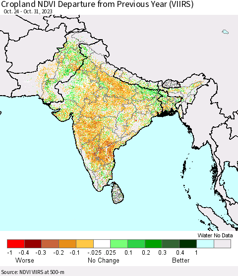 Southern Asia Cropland NDVI Departure from Previous Year (VIIRS) Thematic Map For 10/24/2023 - 10/31/2023