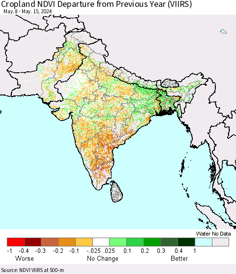 Southern Asia Cropland NDVI Departure from Previous Year (VIIRS) Thematic Map For 5/8/2024 - 5/15/2024