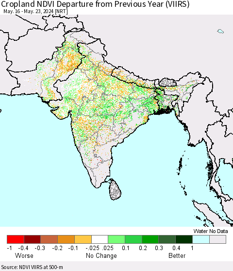 Southern Asia Cropland NDVI Departure from Previous Year (VIIRS) Thematic Map For 5/16/2024 - 5/23/2024