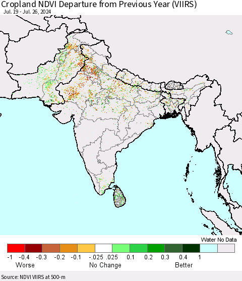Southern Asia Cropland NDVI Departure from Previous Year (VIIRS) Thematic Map For 7/19/2024 - 7/26/2024