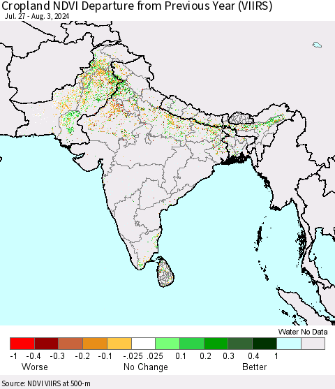 Southern Asia Cropland NDVI Departure from Previous Year (VIIRS) Thematic Map For 7/27/2024 - 8/3/2024