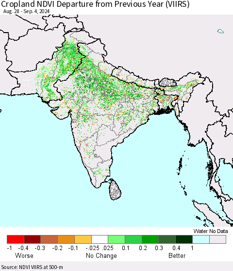 Southern Asia Cropland NDVI Departure from Previous Year (VIIRS) Thematic Map For 8/28/2024 - 9/4/2024