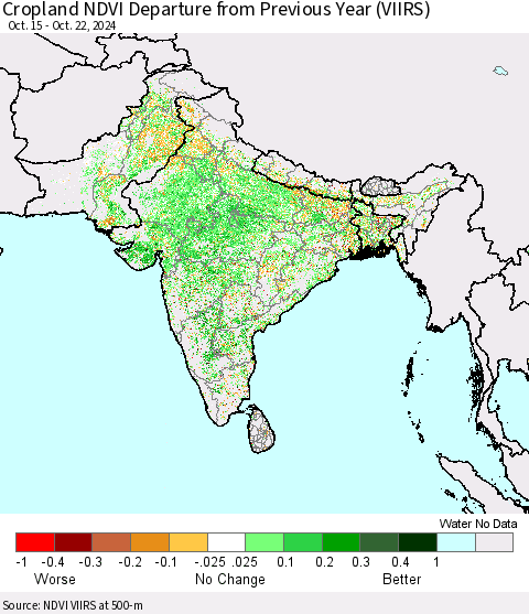 Southern Asia Cropland NDVI Departure from Previous Year (VIIRS) Thematic Map For 10/15/2024 - 10/22/2024