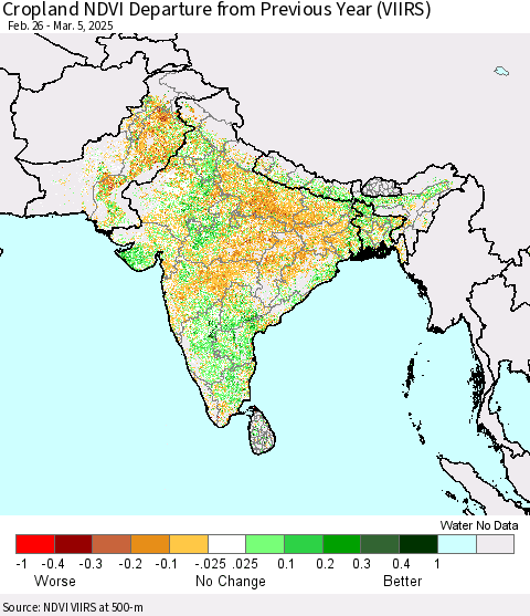 Southern Asia Cropland NDVI Departure from Previous Year (VIIRS) Thematic Map For 2/26/2025 - 3/5/2025