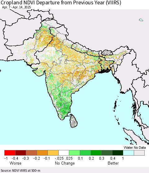 Southern Asia Cropland NDVI Departure from Previous Year (VIIRS) Thematic Map For 4/7/2025 - 4/14/2025