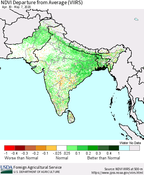 Southern Asia NDVI Departure from Average (VIIRS) Thematic Map For 5/1/2020 - 5/10/2020