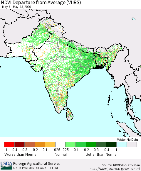 Southern Asia NDVI Departure from Average (VIIRS) Thematic Map For 5/11/2020 - 5/20/2020