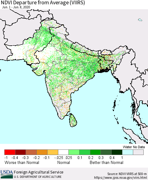 Southern Asia NDVI Departure from Average (VIIRS) Thematic Map For 6/1/2020 - 6/10/2020