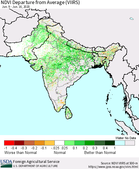 Southern Asia NDVI Departure from Average (VIIRS) Thematic Map For 6/11/2020 - 6/20/2020