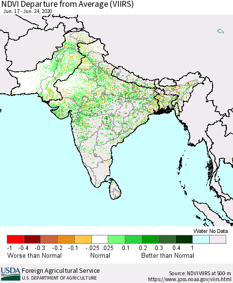Southern Asia NDVI Departure from Average (VIIRS) Thematic Map For 6/21/2020 - 6/30/2020