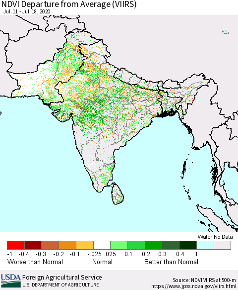 Southern Asia NDVI Departure from Average (VIIRS) Thematic Map For 7/11/2020 - 7/20/2020