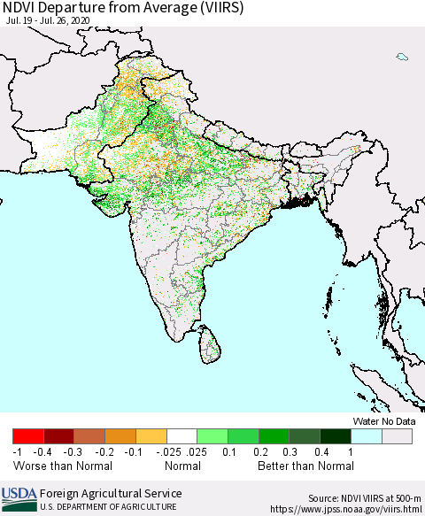 Southern Asia NDVI Departure from Average (VIIRS) Thematic Map For 7/21/2020 - 7/31/2020
