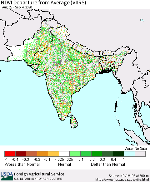 Southern Asia NDVI Departure from Average (VIIRS) Thematic Map For 9/1/2020 - 9/10/2020