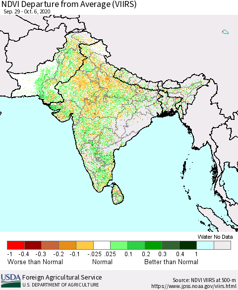 Southern Asia NDVI Departure from Average (VIIRS) Thematic Map For 10/1/2020 - 10/10/2020