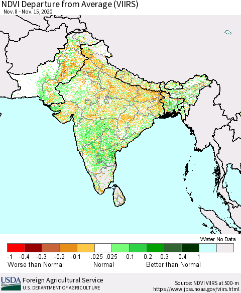Southern Asia NDVI Departure from Average (VIIRS) Thematic Map For 11/11/2020 - 11/20/2020