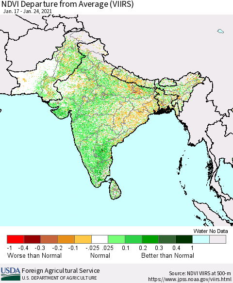 Southern Asia NDVI Departure from Average (VIIRS) Thematic Map For 1/21/2021 - 1/31/2021