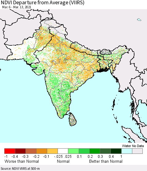 Southern Asia NDVI Departure from Average (VIIRS) Thematic Map For 3/6/2021 - 3/13/2021