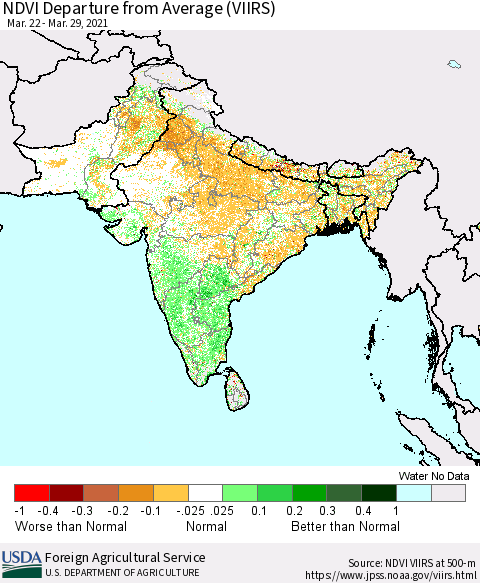 Southern Asia NDVI Departure from Average (VIIRS) Thematic Map For 3/21/2021 - 3/31/2021