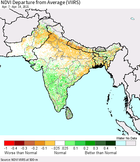 Southern Asia NDVI Departure from Average (VIIRS) Thematic Map For 4/7/2021 - 4/14/2021