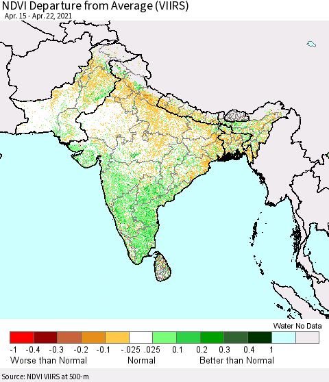 Southern Asia NDVI Departure from Average (VIIRS) Thematic Map For 4/15/2021 - 4/22/2021