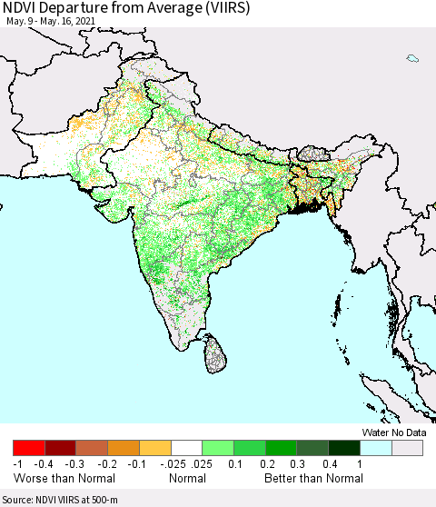 Southern Asia NDVI Departure from Average (VIIRS) Thematic Map For 5/9/2021 - 5/16/2021