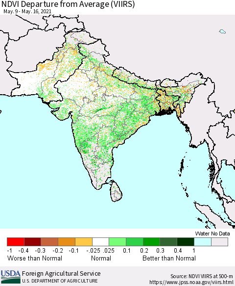 Southern Asia NDVI Departure from Average (VIIRS) Thematic Map For 5/11/2021 - 5/20/2021