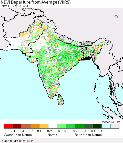 Southern Asia NDVI Departure from Average (VIIRS) Thematic Map For 5/17/2021 - 5/24/2021
