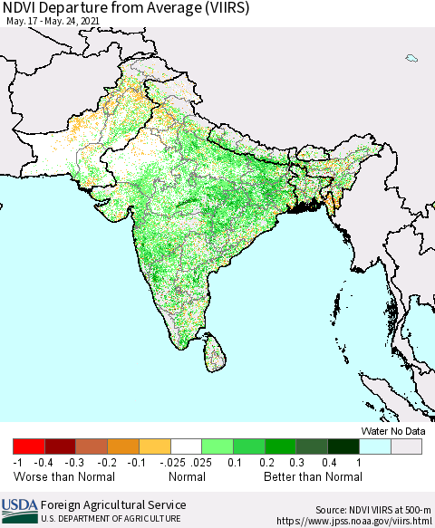 Southern Asia NDVI Departure from Average (VIIRS) Thematic Map For 5/21/2021 - 5/31/2021