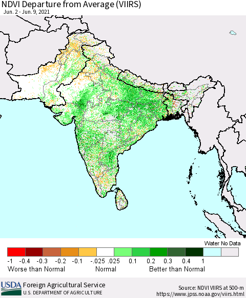 Southern Asia NDVI Departure from Average (VIIRS) Thematic Map For 6/1/2021 - 6/10/2021