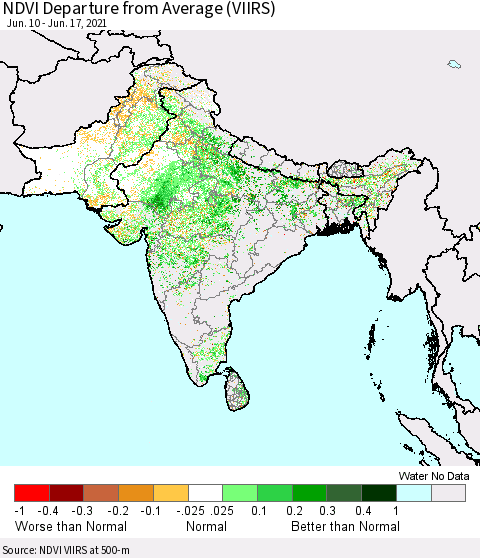 Southern Asia NDVI Departure from Average (VIIRS) Thematic Map For 6/10/2021 - 6/17/2021