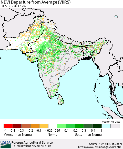 Southern Asia NDVI Departure from Average (VIIRS) Thematic Map For 6/11/2021 - 6/20/2021