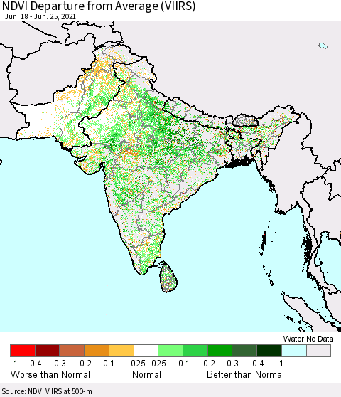 Southern Asia NDVI Departure from Average (VIIRS) Thematic Map For 6/18/2021 - 6/25/2021