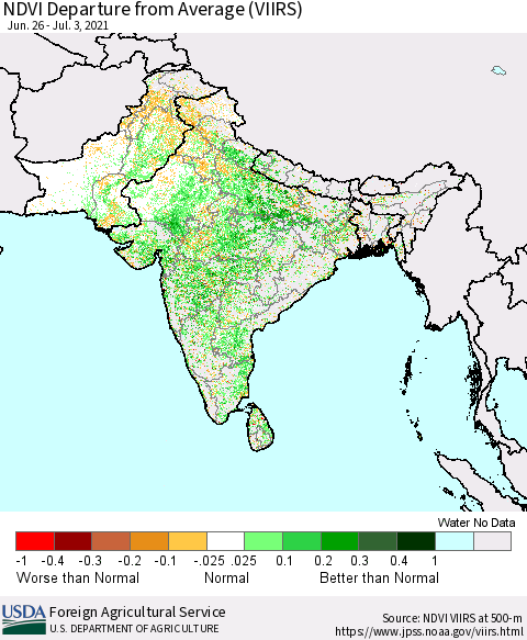 Southern Asia NDVI Departure from Average (VIIRS) Thematic Map For 7/1/2021 - 7/10/2021
