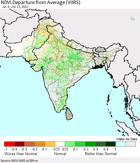 Southern Asia NDVI Departure from Average (VIIRS) Thematic Map For 7/4/2021 - 7/11/2021