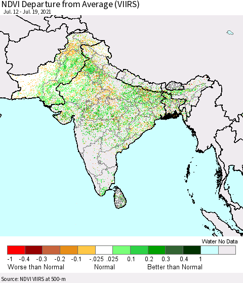 Southern Asia NDVI Departure from Average (VIIRS) Thematic Map For 7/12/2021 - 7/19/2021