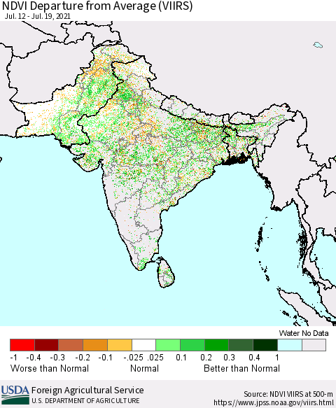 Southern Asia NDVI Departure from Average (VIIRS) Thematic Map For 7/11/2021 - 7/20/2021