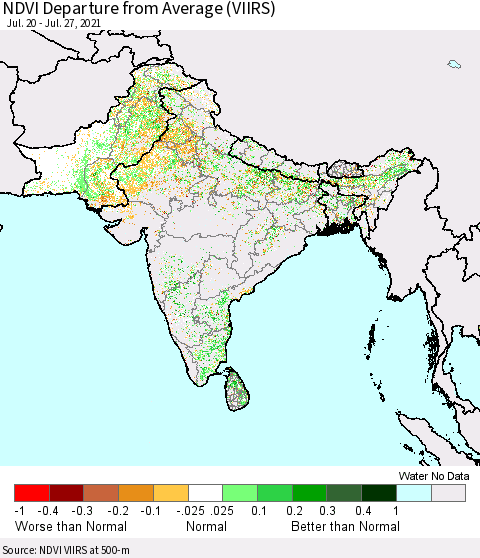 Southern Asia NDVI Departure from Average (VIIRS) Thematic Map For 7/20/2021 - 7/27/2021