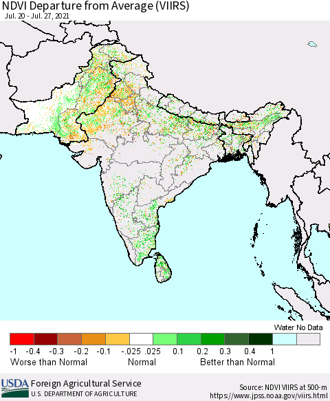 Southern Asia NDVI Departure from Average (VIIRS) Thematic Map For 7/21/2021 - 7/31/2021