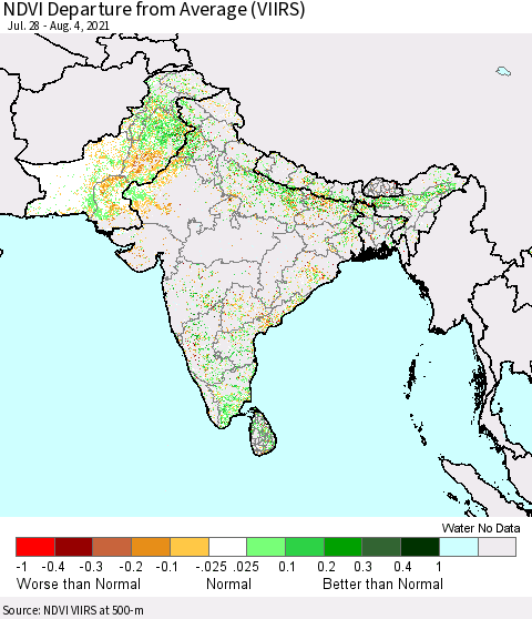Southern Asia NDVI Departure from Average (VIIRS) Thematic Map For 7/28/2021 - 8/4/2021